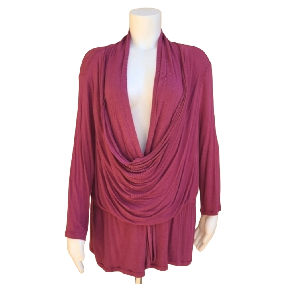 FEVER Raspberry Pink Faux Wrap Top 1X Draped Front Long Sleeve Knit Blouse - Picture 2 of 15